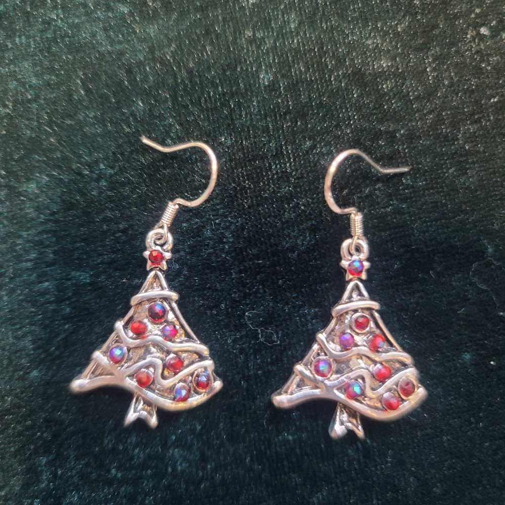 Elegant Silver and Red Christmas Tree Earrings